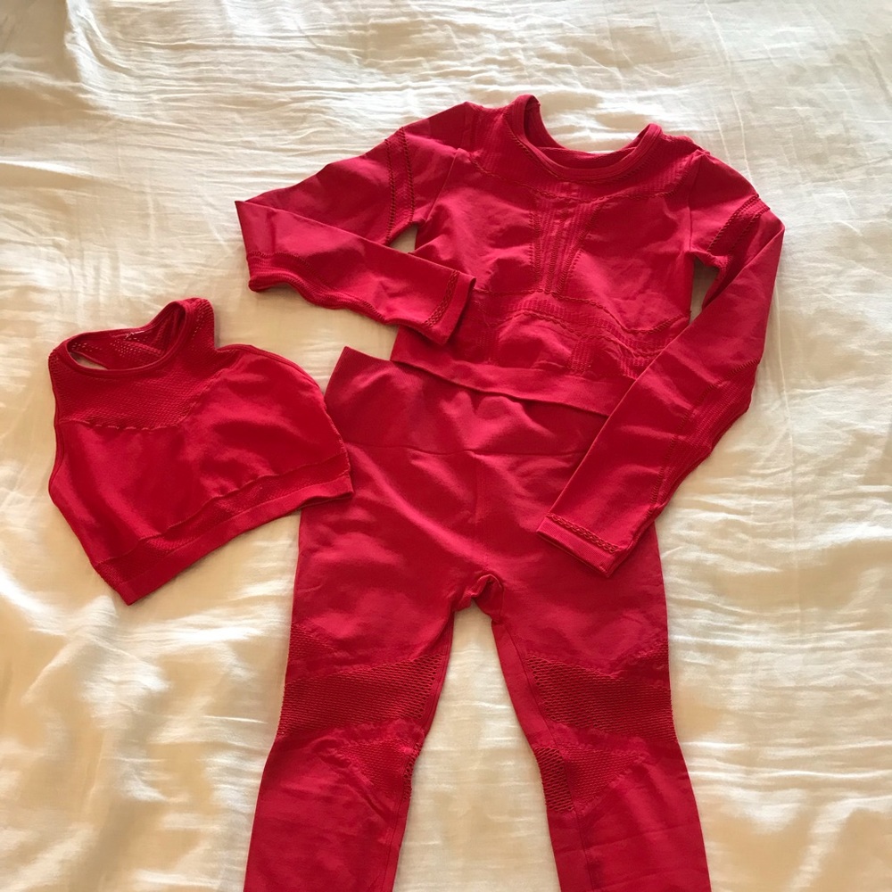 Matching Red Fabletics Workout Set